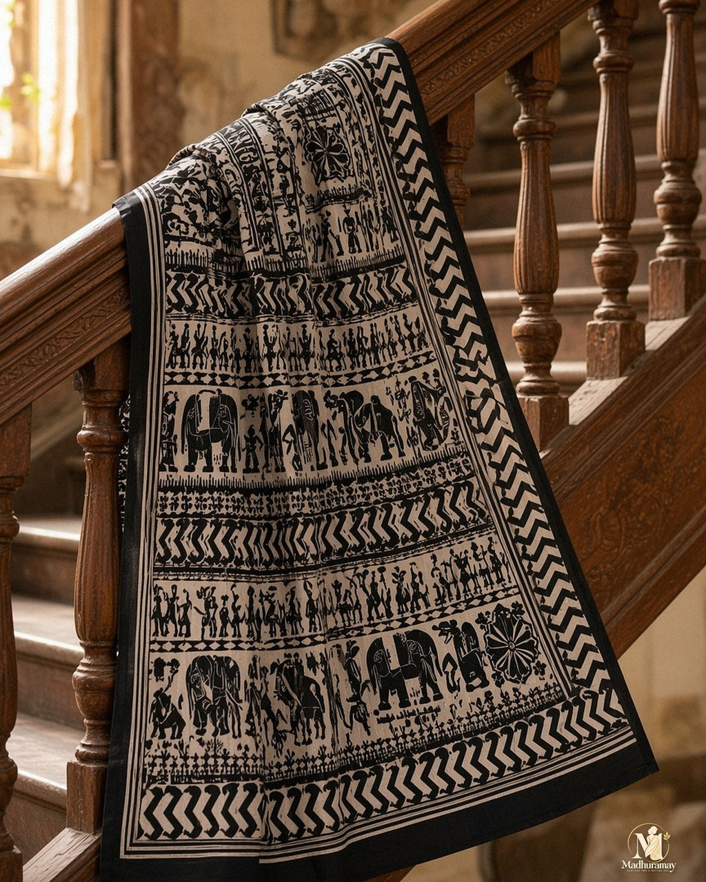 Black & White Utsav Kalamkari Elephant Saree - image 5