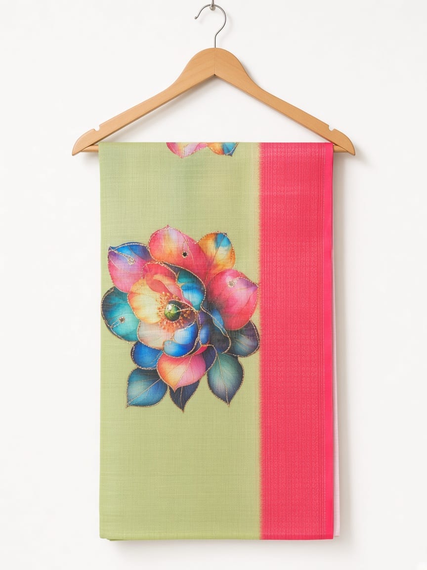 Leaf Green Golden Garden Festive Saree with Coral Border - image 4