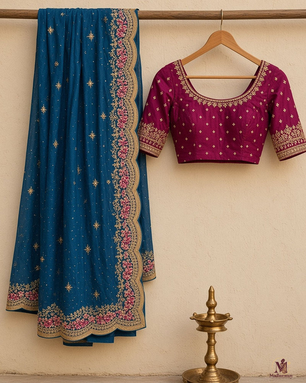 Teal Blue Golden Embroidery Evening Party Saree with Pink Floral Border - image 2