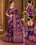 Semi-Ajrak Purple Printed Soft Silk Saree with Mirror Work & Unstitched Blouse - image 1