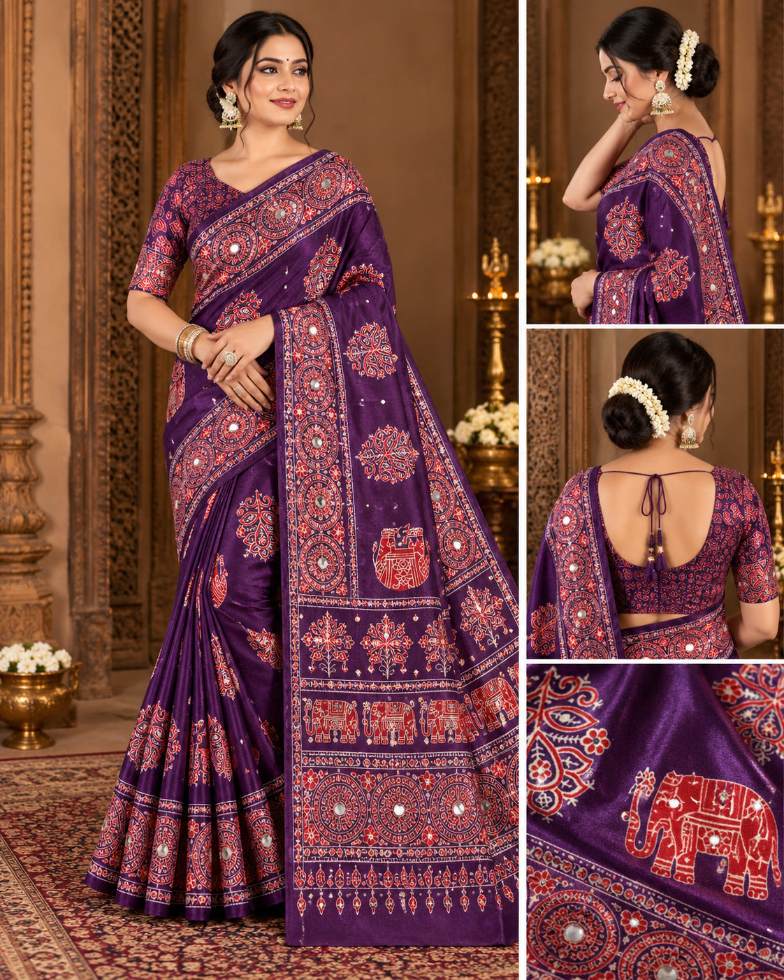 Semi-Ajrak Purple Printed Soft Silk Saree with Mirror Work & Unstitched Blouse - image 1