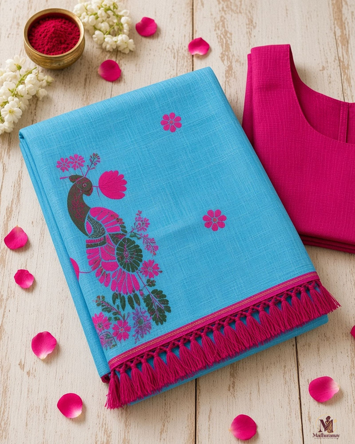 Sky Blue Peacock Print Festive Saree with Magenta Border - image 3