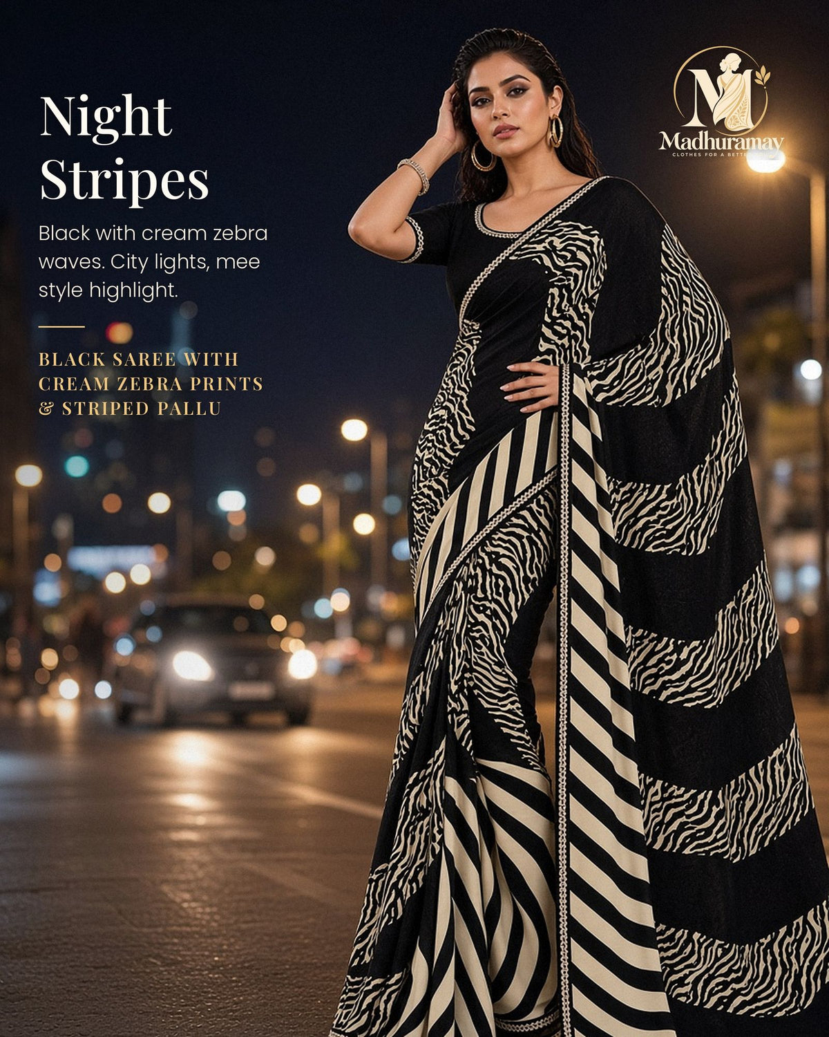 Black & Cream Zebra Print Evening Party Saree - image 1