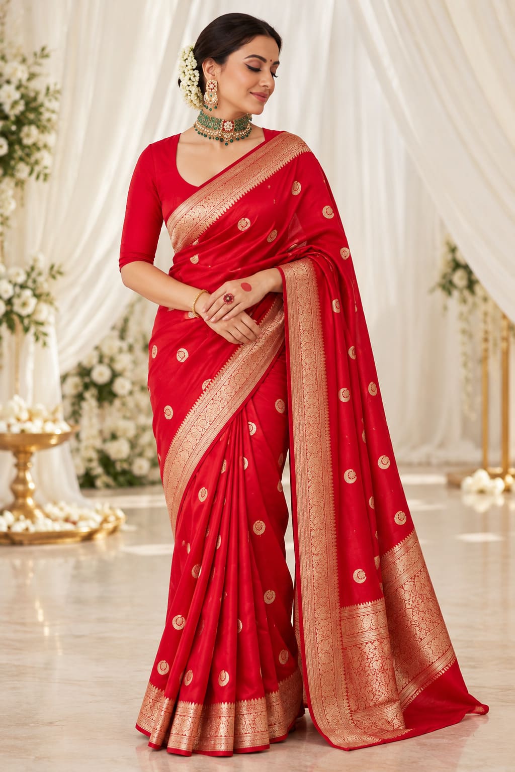 Royal Red Banarasi-Style Festive Saree with Golden Zari - image 1