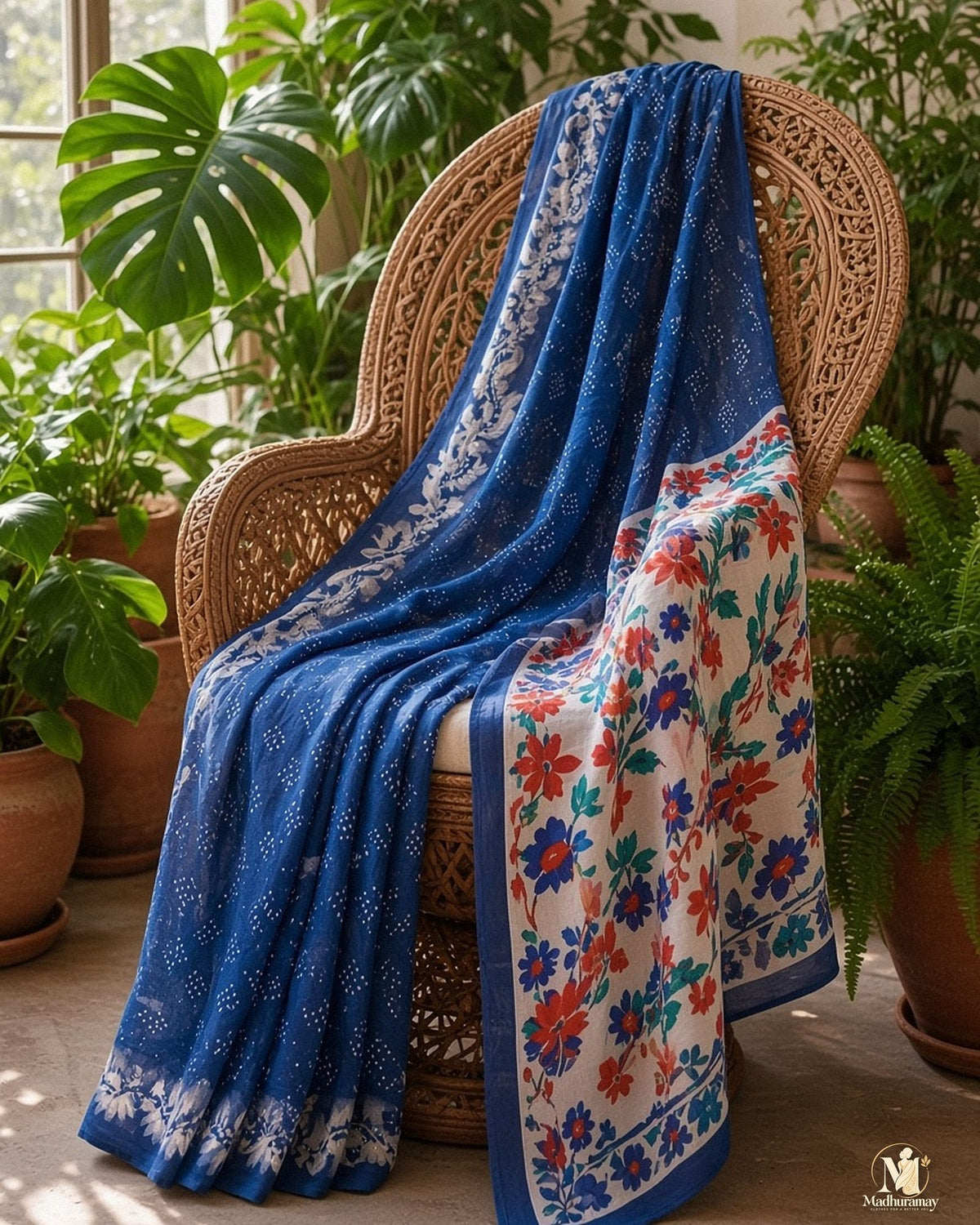 Royal Blue Floral Festive Saree with Printed Pallu - image 3