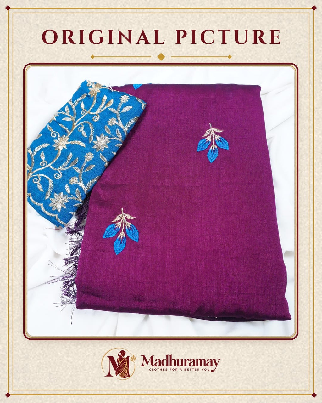 Royal Wine Maroon Rose Bud Embroidered Festive Saree with Teal Blouse - image 2