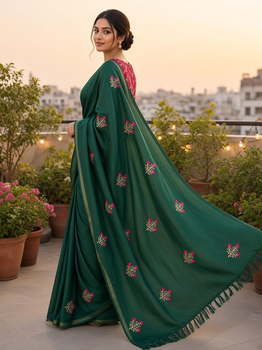 Royal Green Floral Bouquet Embroidered Festive Saree with Maroon Blouse - image 1
