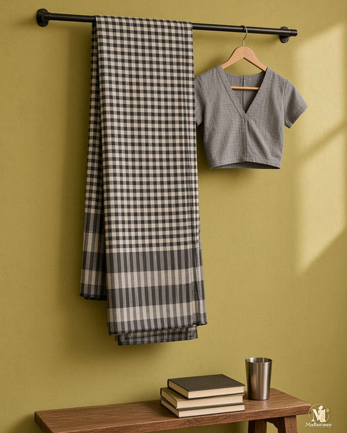 Black & Grey Classic Check Saree with Striped Pallu - image 2