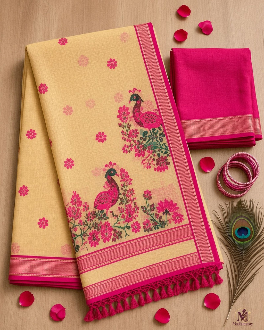 Pale Yellow Peacock Print Festive Saree with Magenta Border - image 3