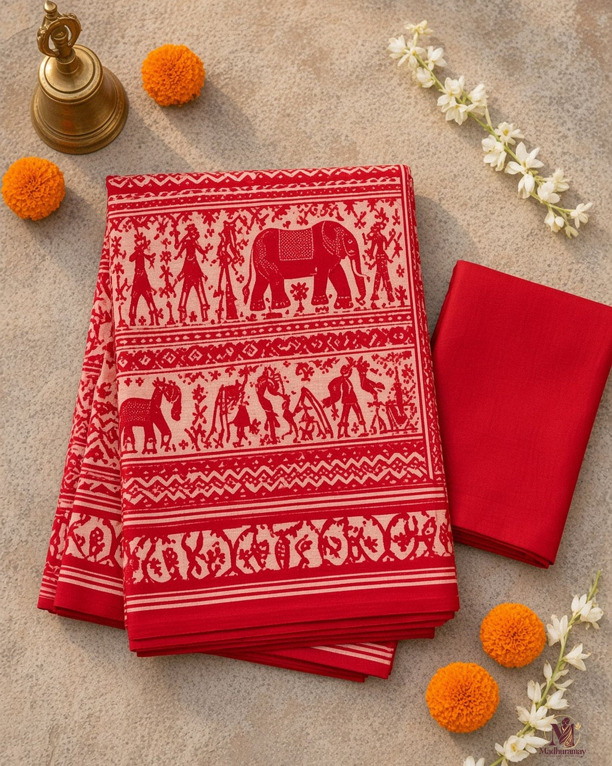 Red & White Utsav Kalamkari Elephant Saree - image 3