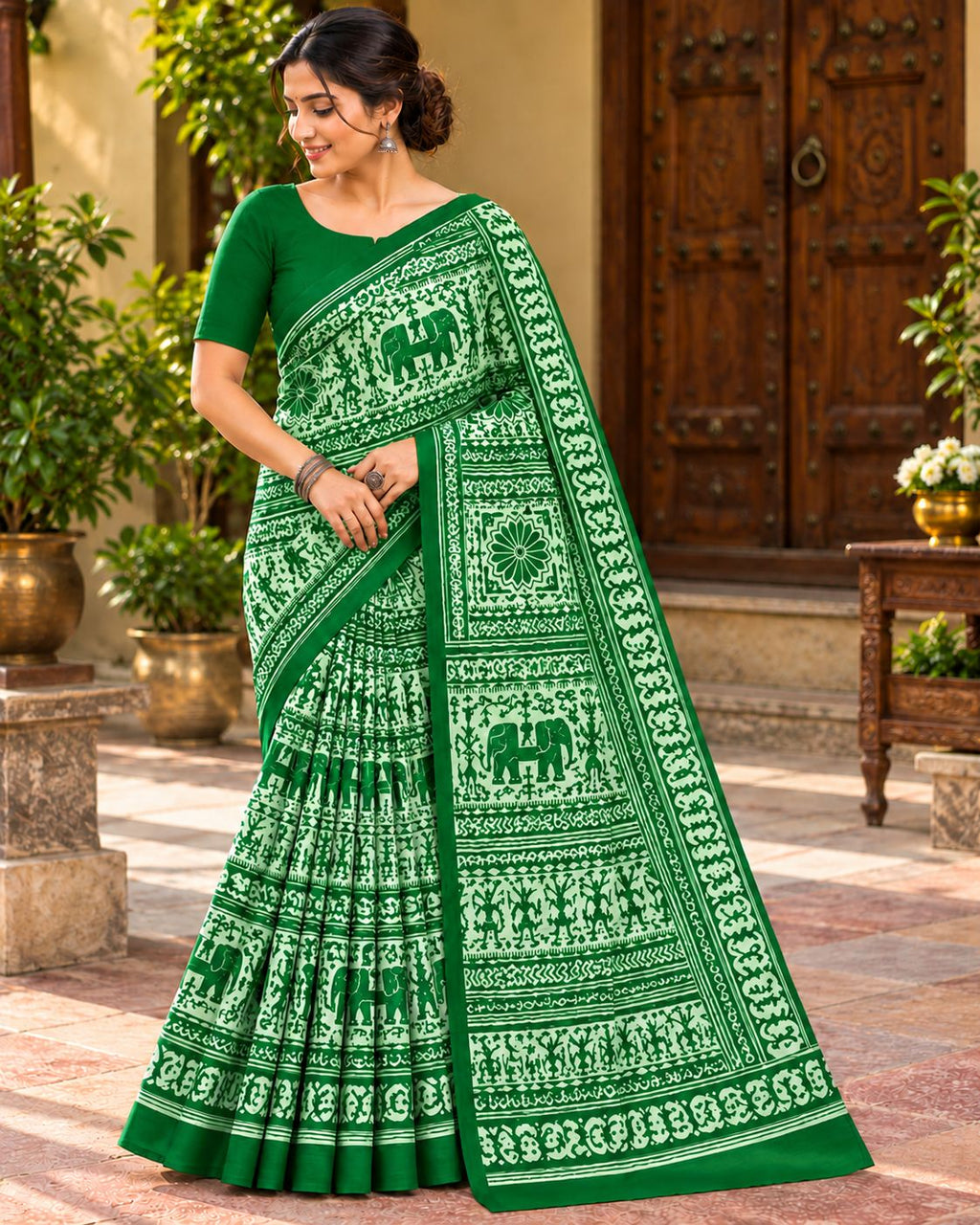 Light Green & White Utsav Kalamkari Elephant Saree - image 6