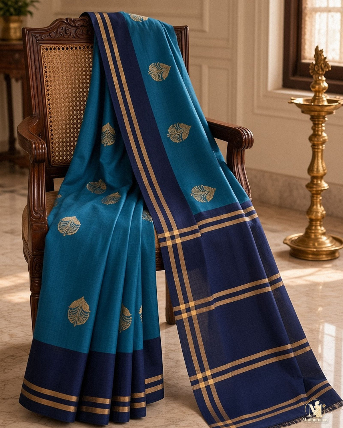 Teal & Navy Golden Heritage Festive Saree - image 5