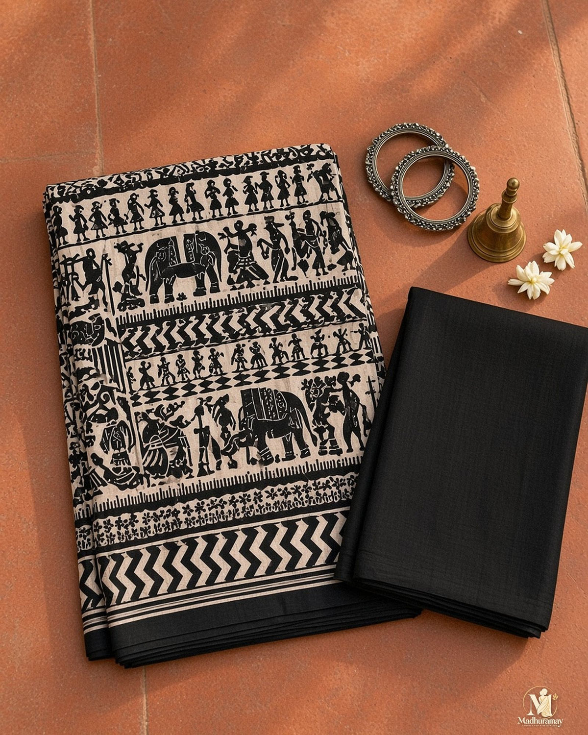 Black & White Utsav Kalamkari Elephant Saree - image 3