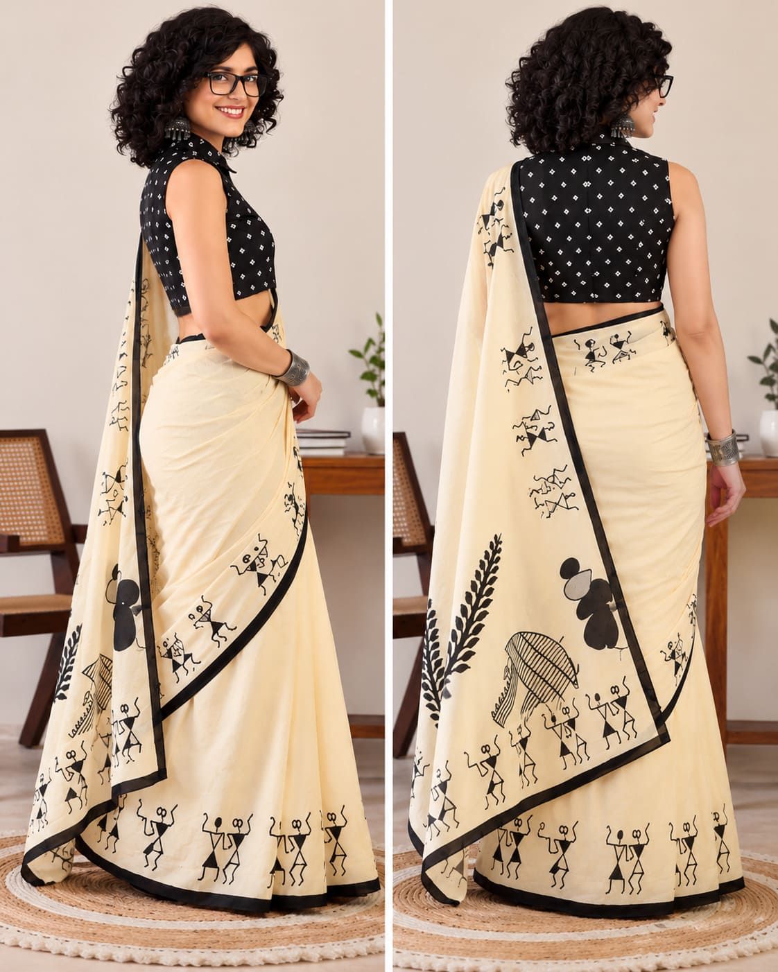 Ivory Warli Art Festive Saree with Black Border - image 3