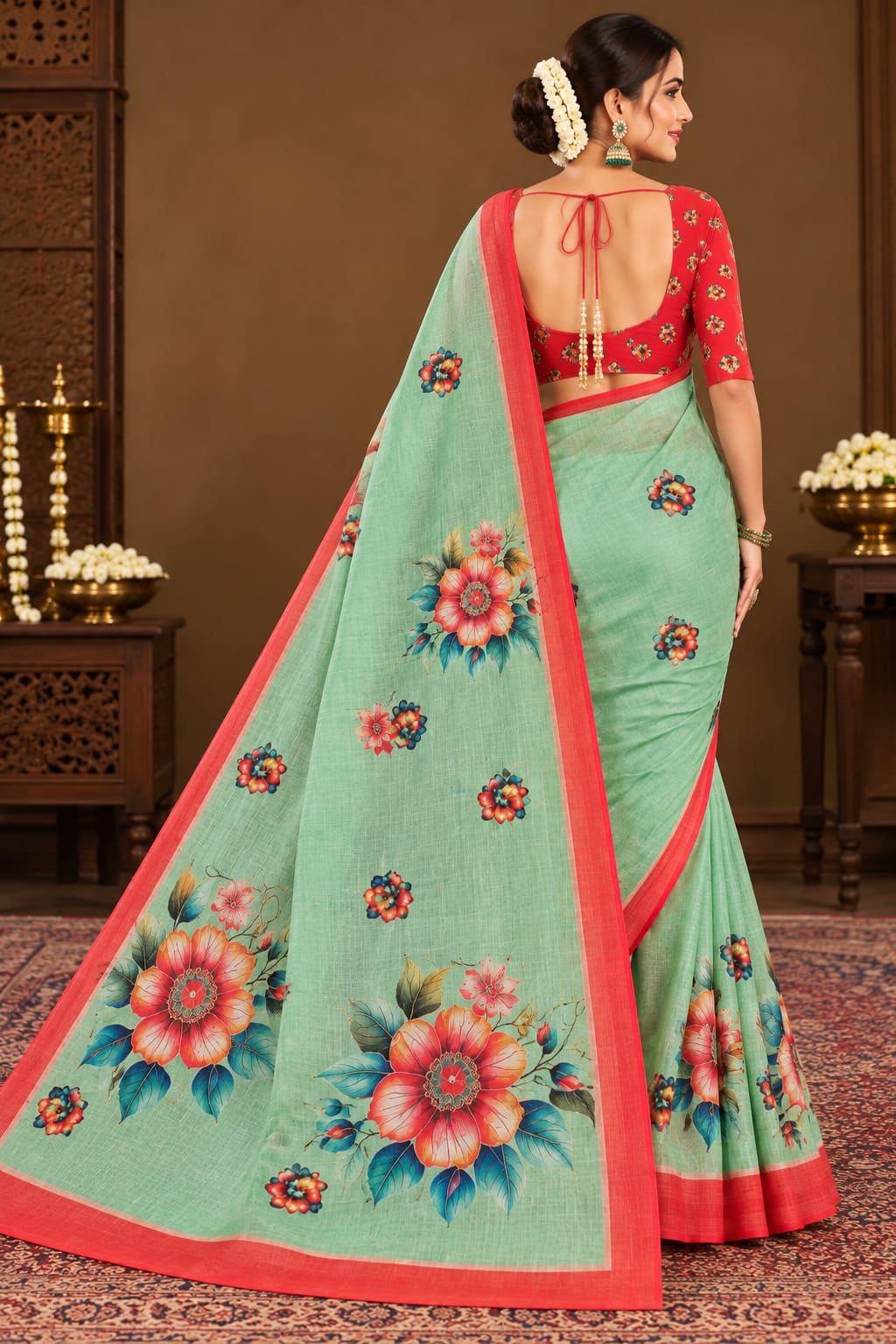 Seafoam Mint Floral Festive Saree with Coral Red Border - image 7