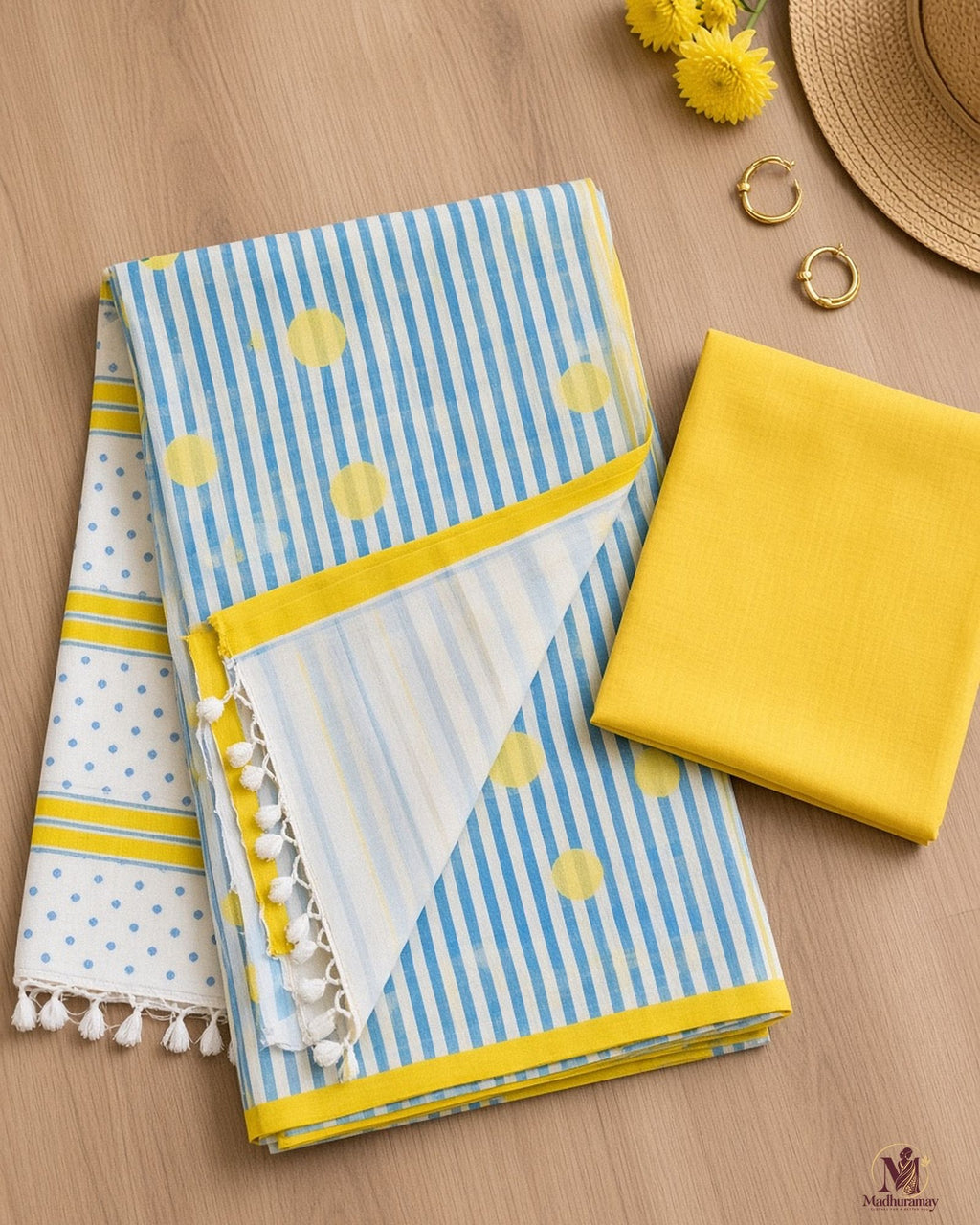 Sky Blue Stripes & Polka Dot Festive Day Saree - image 3