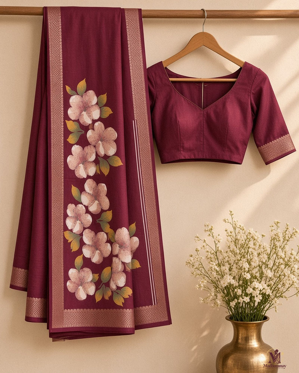 Maroon Festive Bloom Saree with Zari Border - image 2