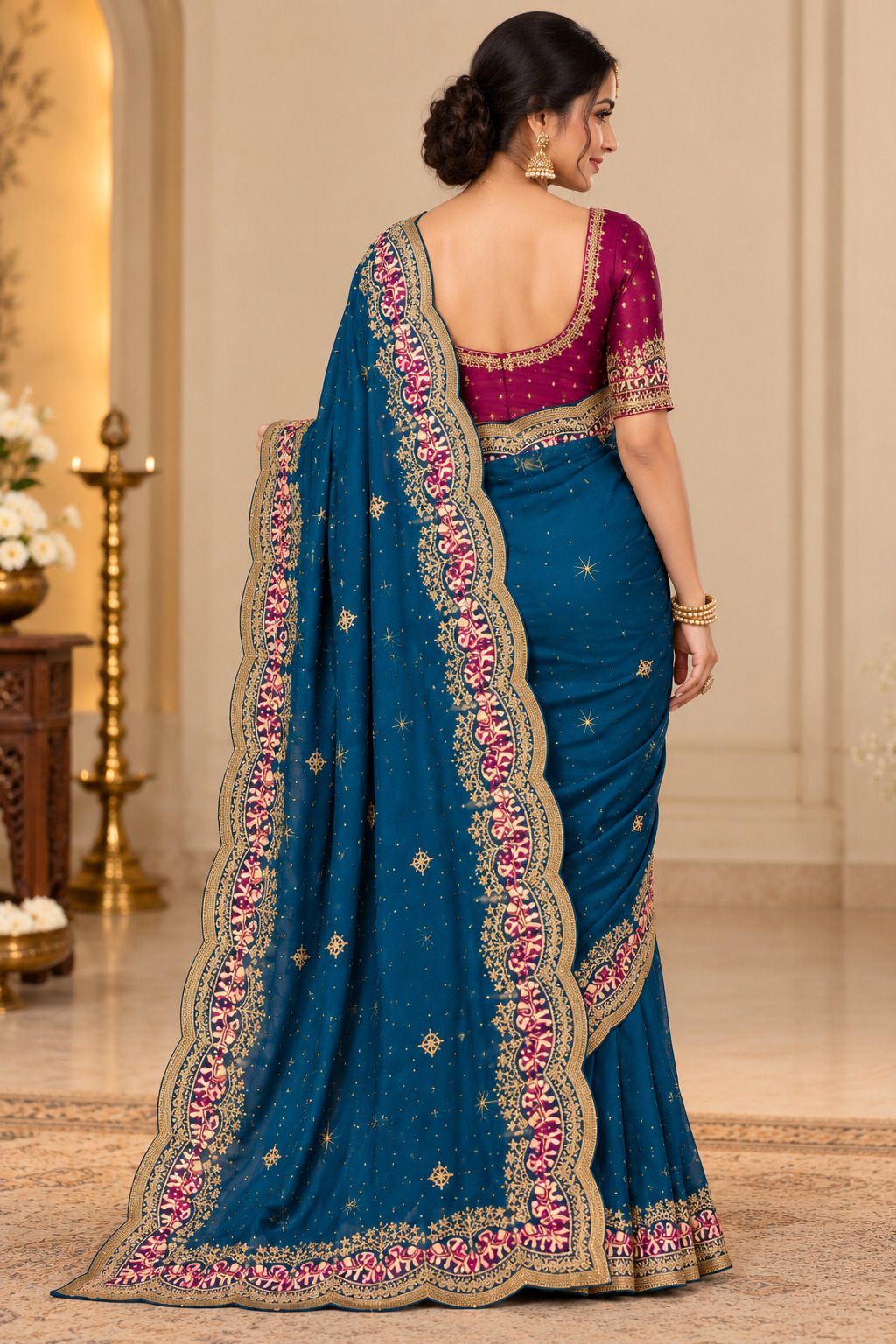 Teal Blue Golden Embroidery Evening Party Saree with Pink Floral Border - image 8