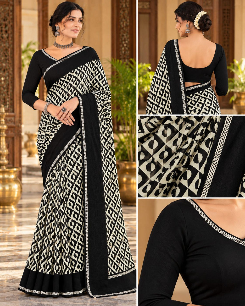 Black & Cream Geometric Evening Party Saree - image 7