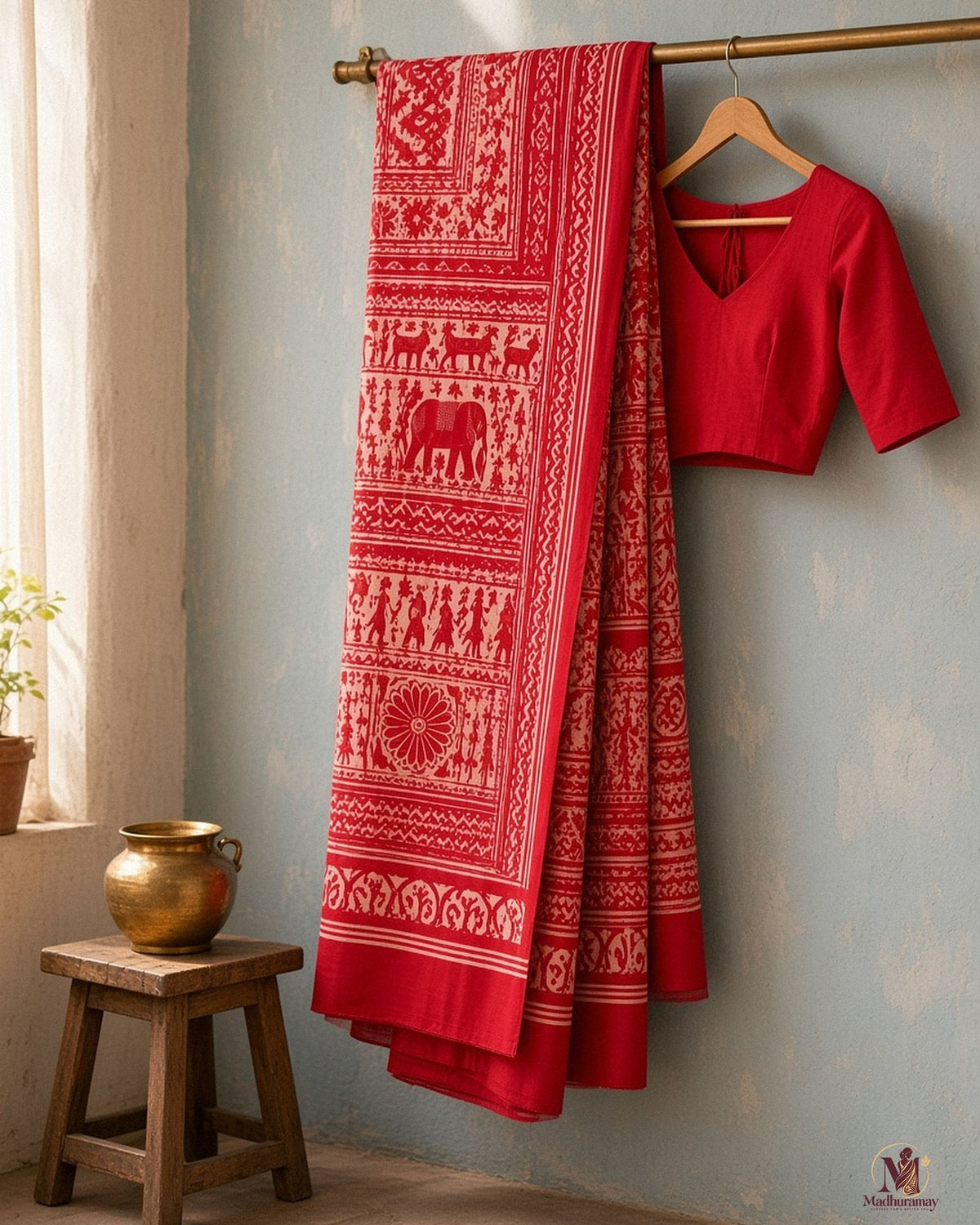Red & White Utsav Kalamkari Elephant Saree - image 2