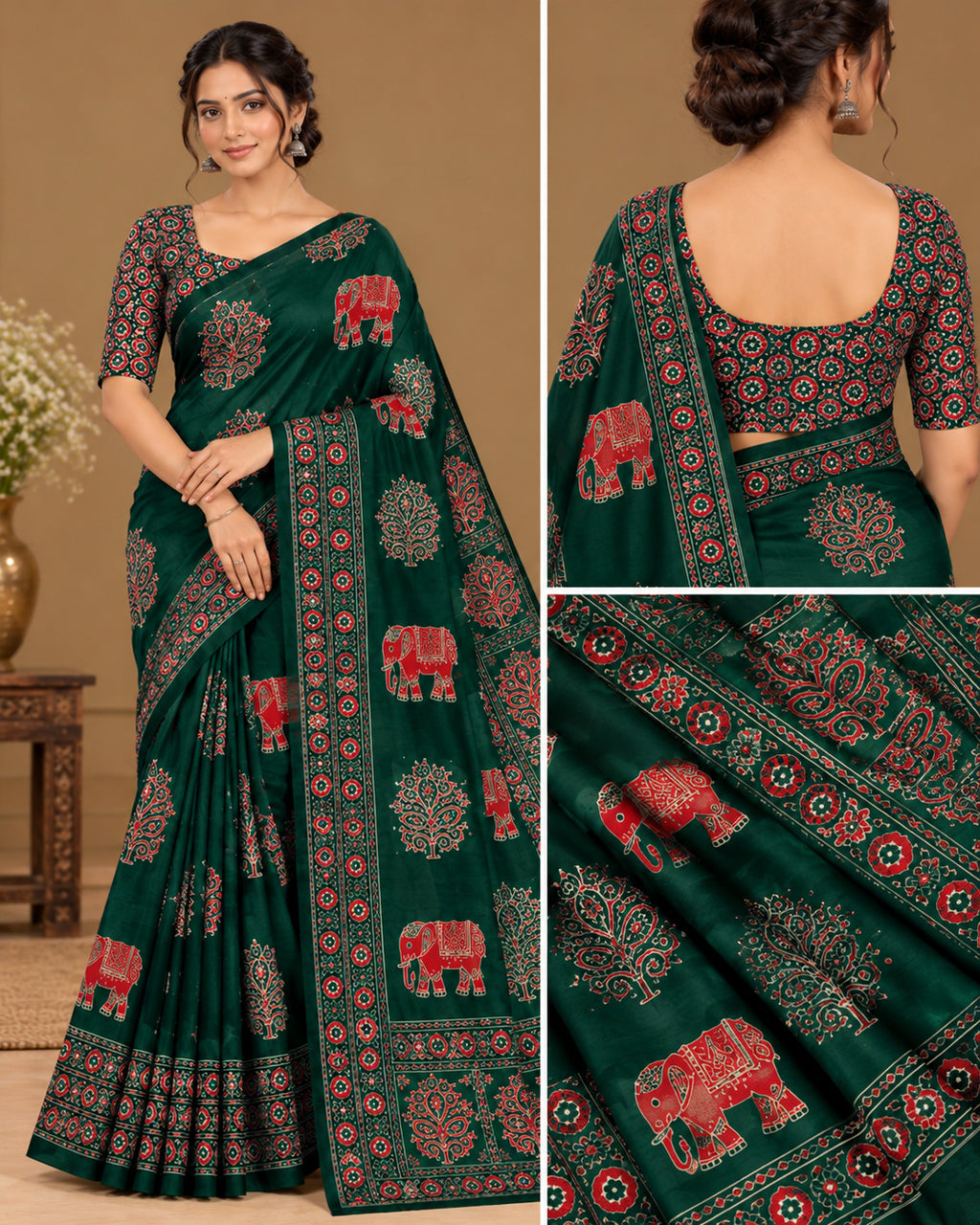 Semi-Ajrak Green Printed Soft Silk Saree with Unstitched Blouse - image 2