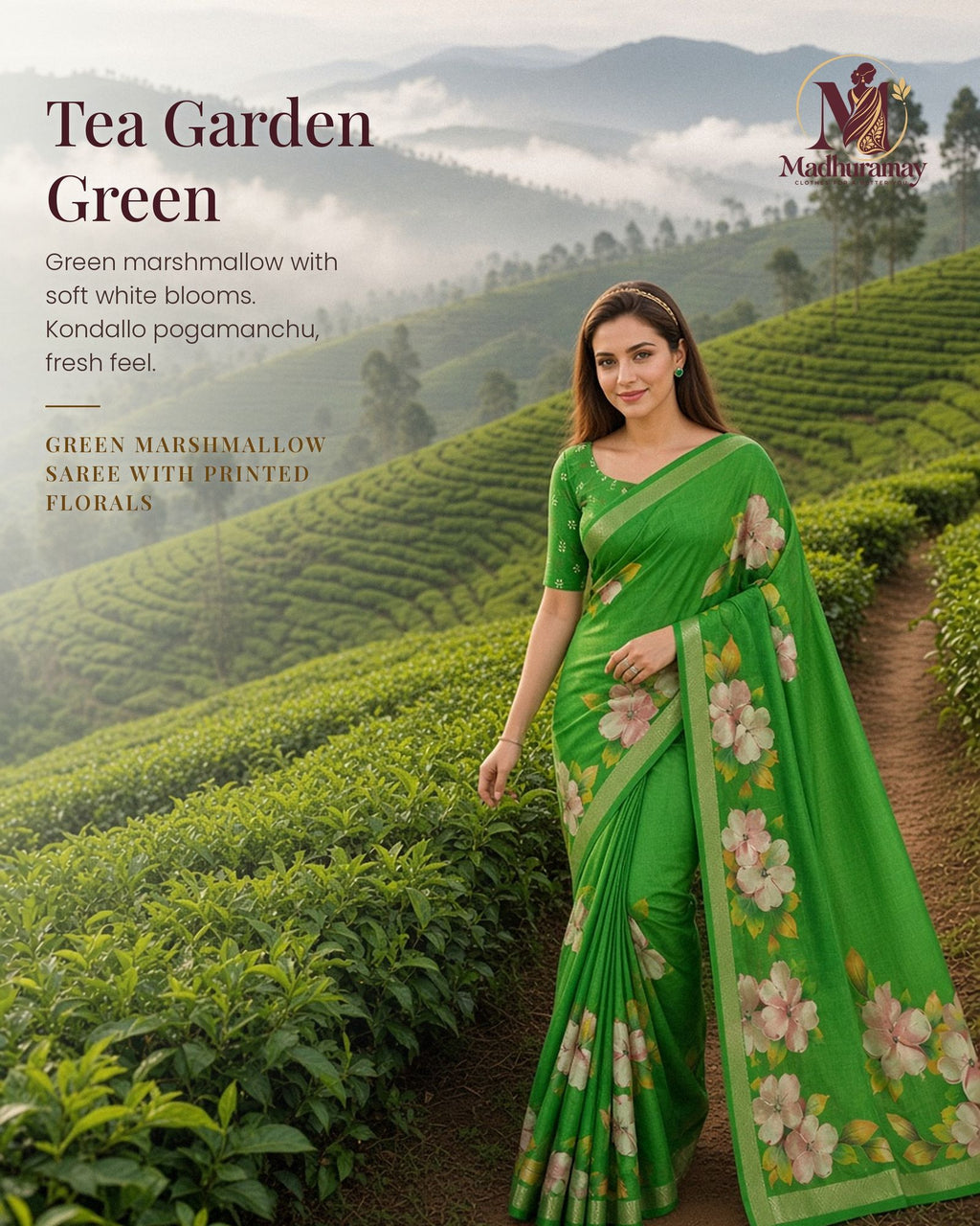 Green Festive Bloom Saree with Zari Border - image 1