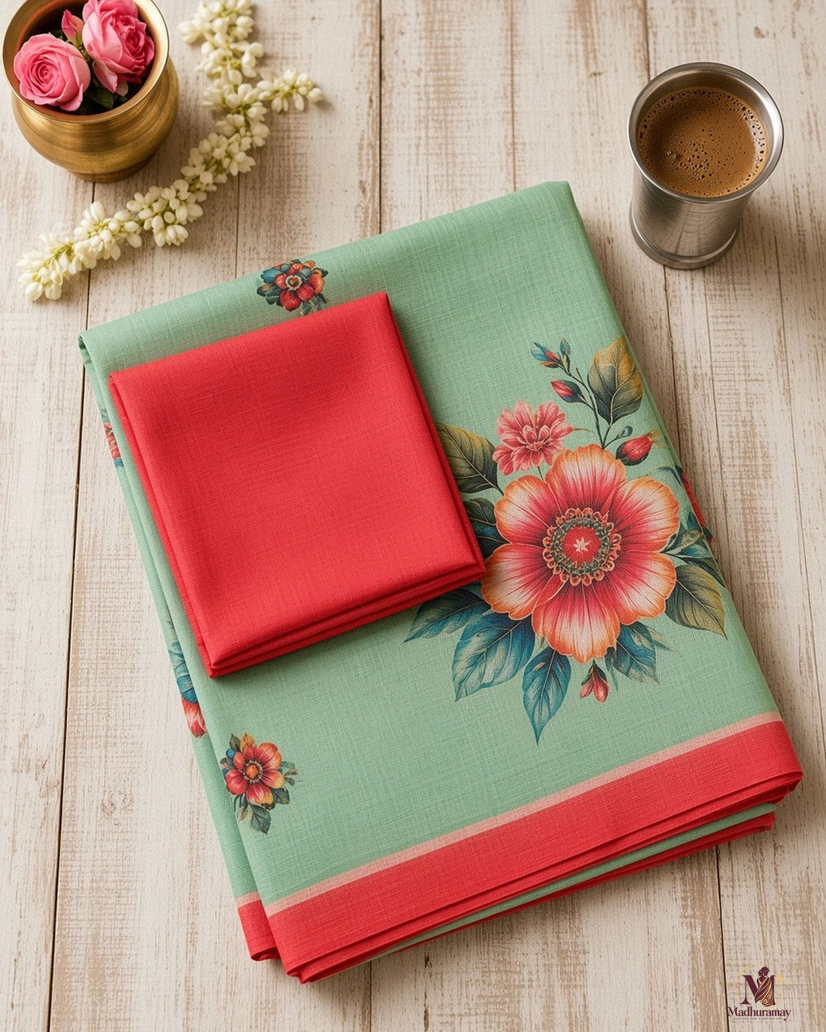 Seafoam Mint Floral Festive Saree with Coral Red Border - image 3