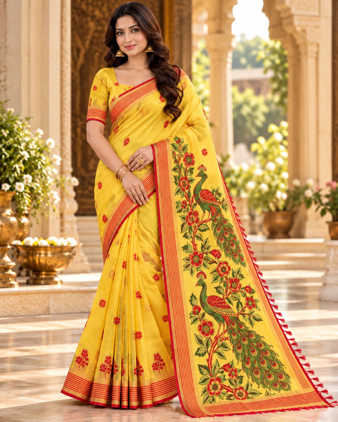 Mustard Yellow Peacock Pallu Festive Saree - image 6