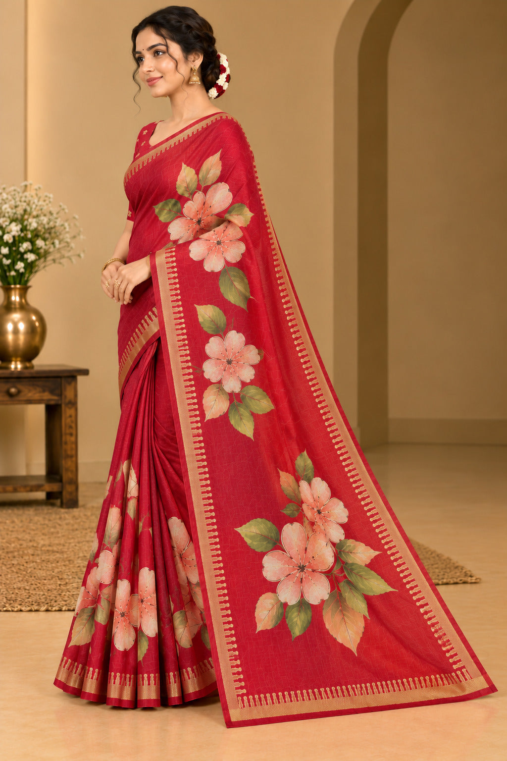 Cherry Red Festive Bloom Saree with Zari Border - image 11