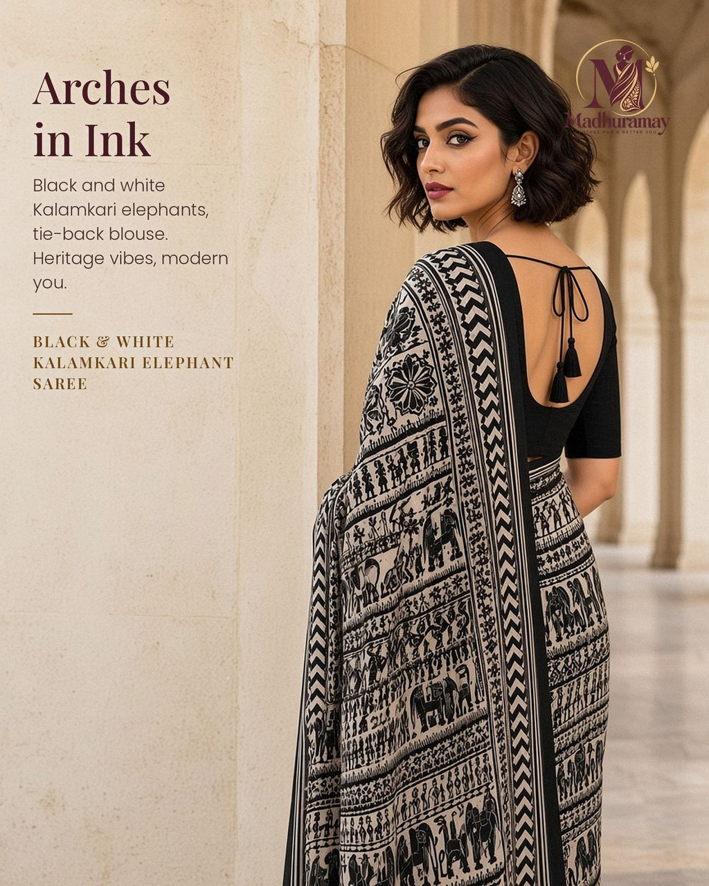 Black & White Utsav Kalamkari Elephant Saree - image 1