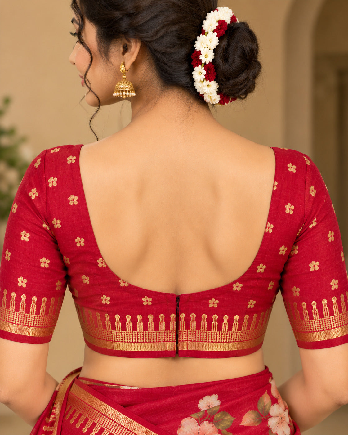 Cherry Red Festive Bloom Saree with Zari Border - image 10