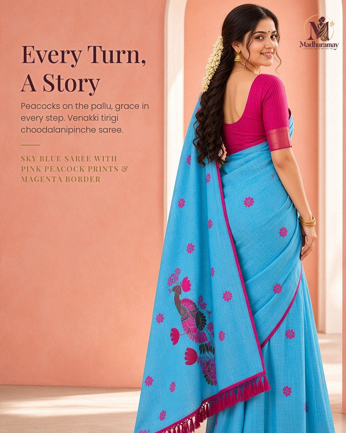 Sky Blue Peacock Print Festive Saree with Magenta Border - image 1