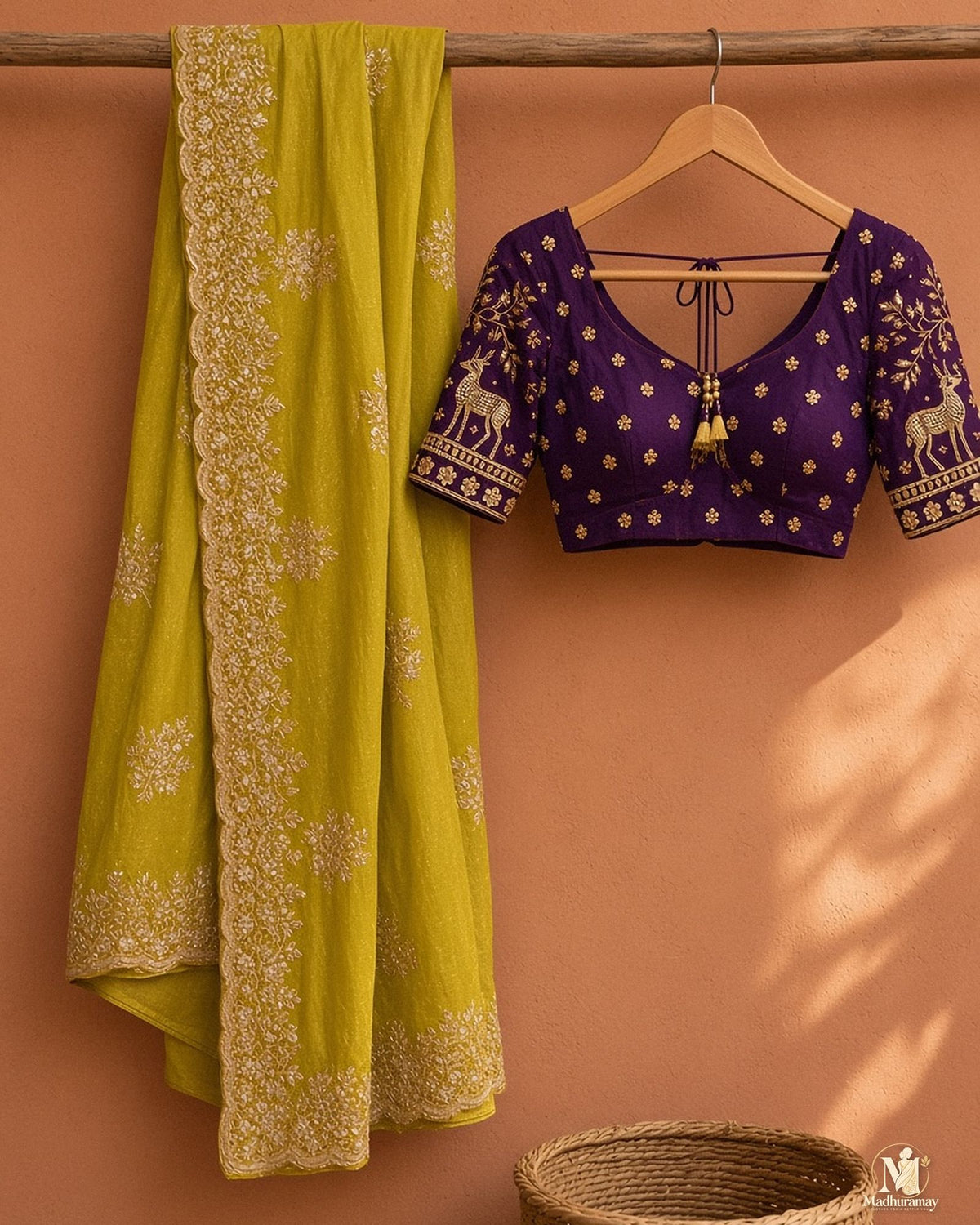 Lime Green Golden Embroidery Party Glam Saree with Purple Blouse - image 2