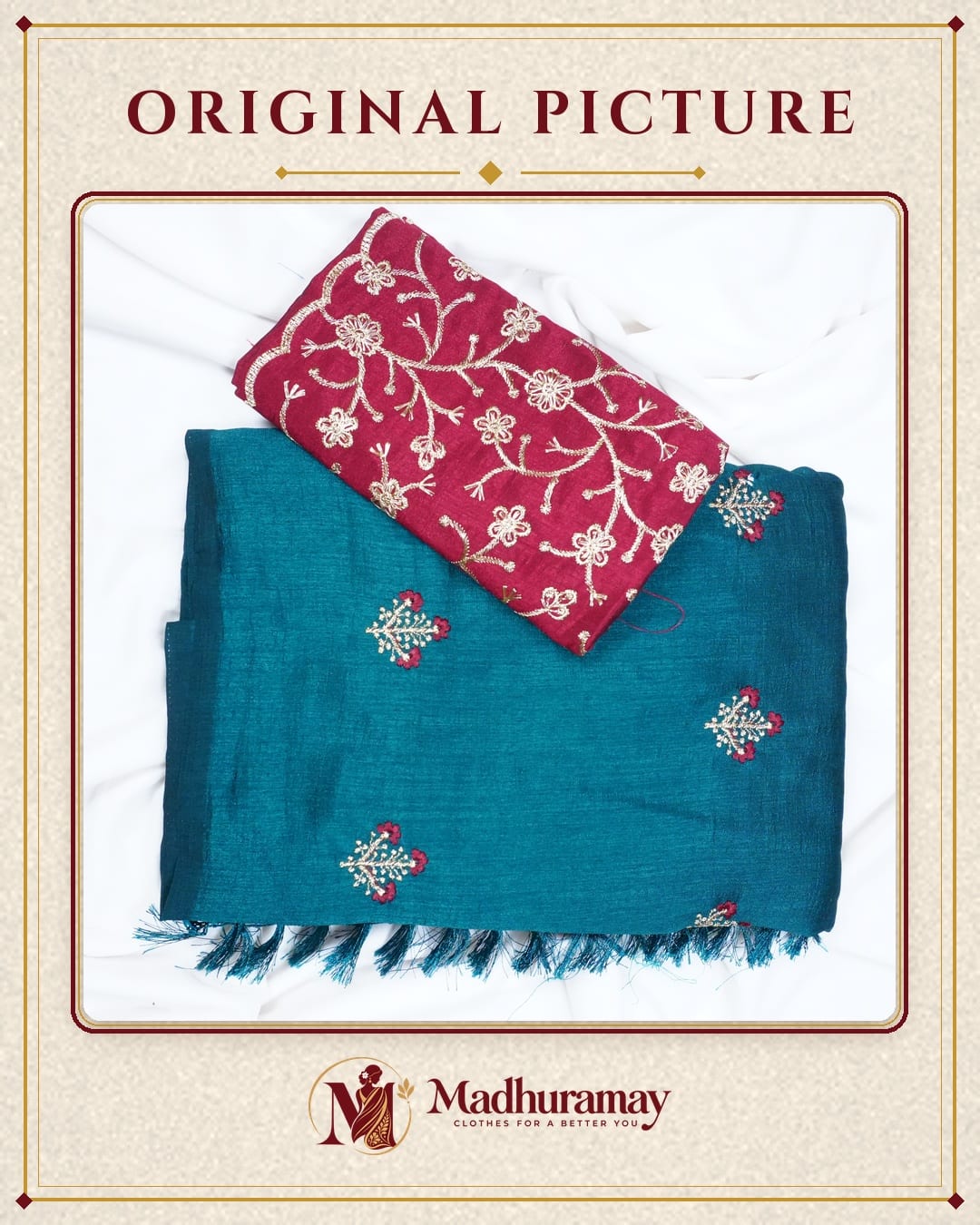 Royal Teal Blue Floral Bouquet Embroidered Festive Saree with Purple Embroidered Blouse - image 2