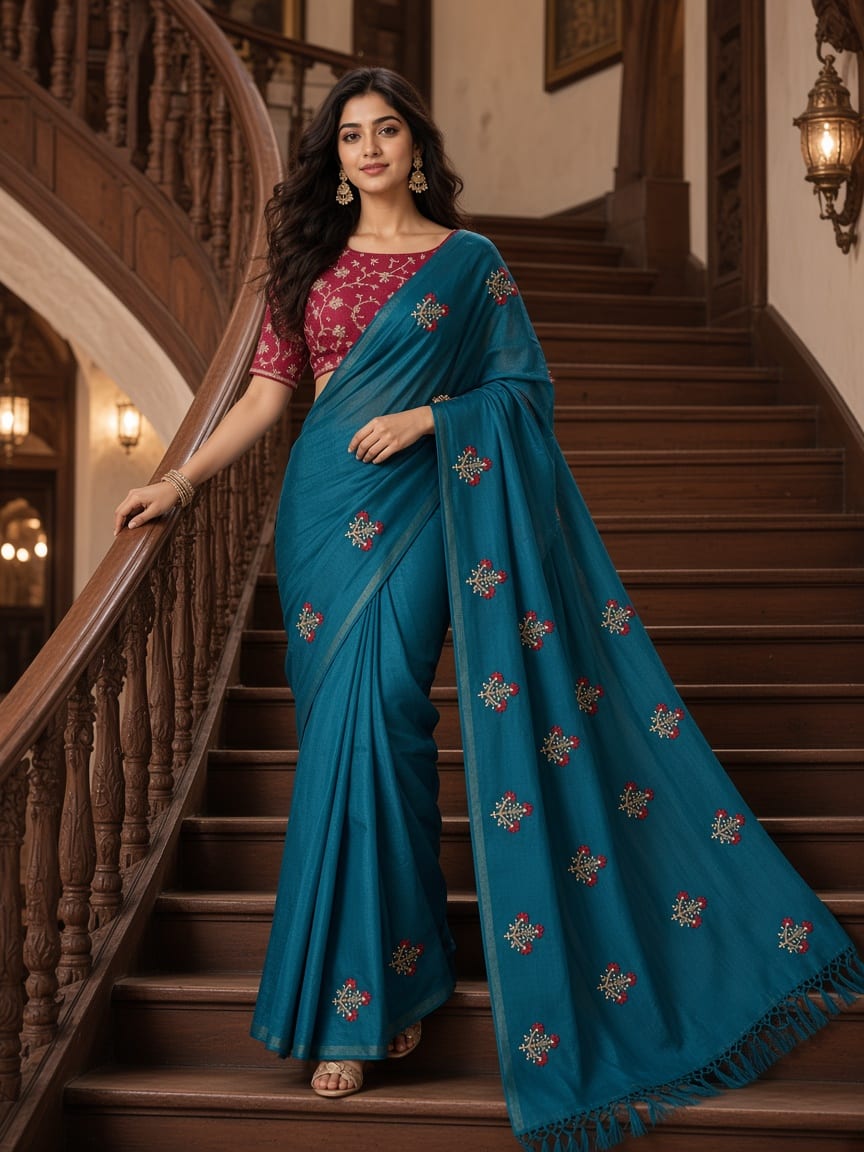 Royal Teal Blue Floral Bouquet Embroidered Festive Saree with Purple Embroidered Blouse - image 1