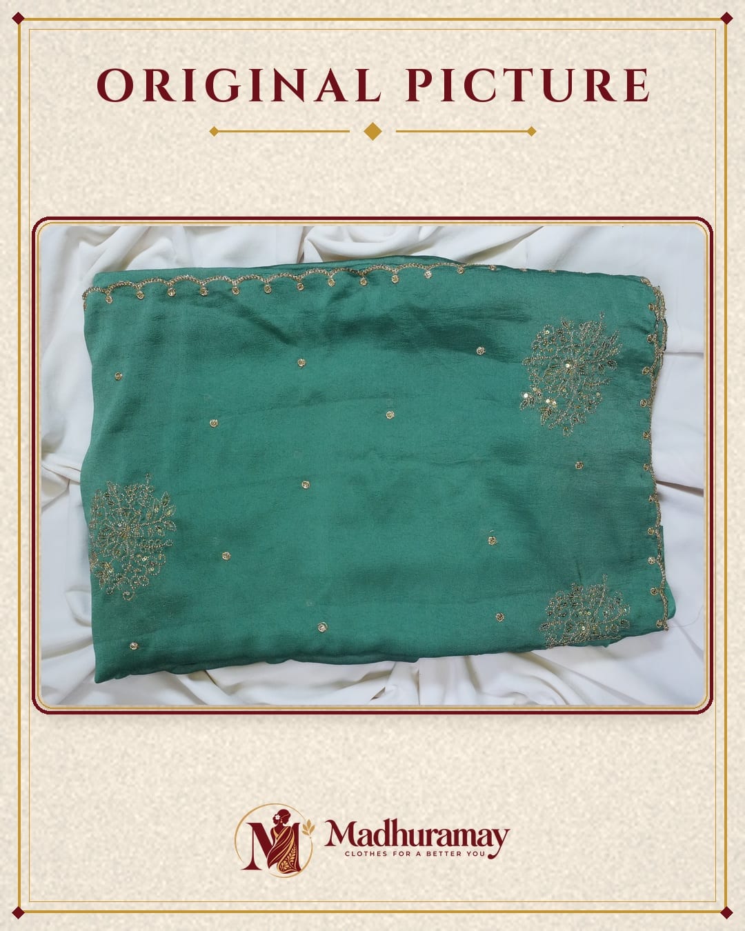 Teal Green Golden Blossom Festive Saree with Scalloped Border - image 3