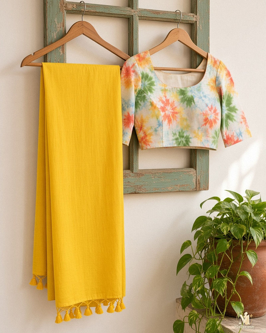 Bright Yellow Tassel Pallu Festive Saree with Floral Blouse - image 2