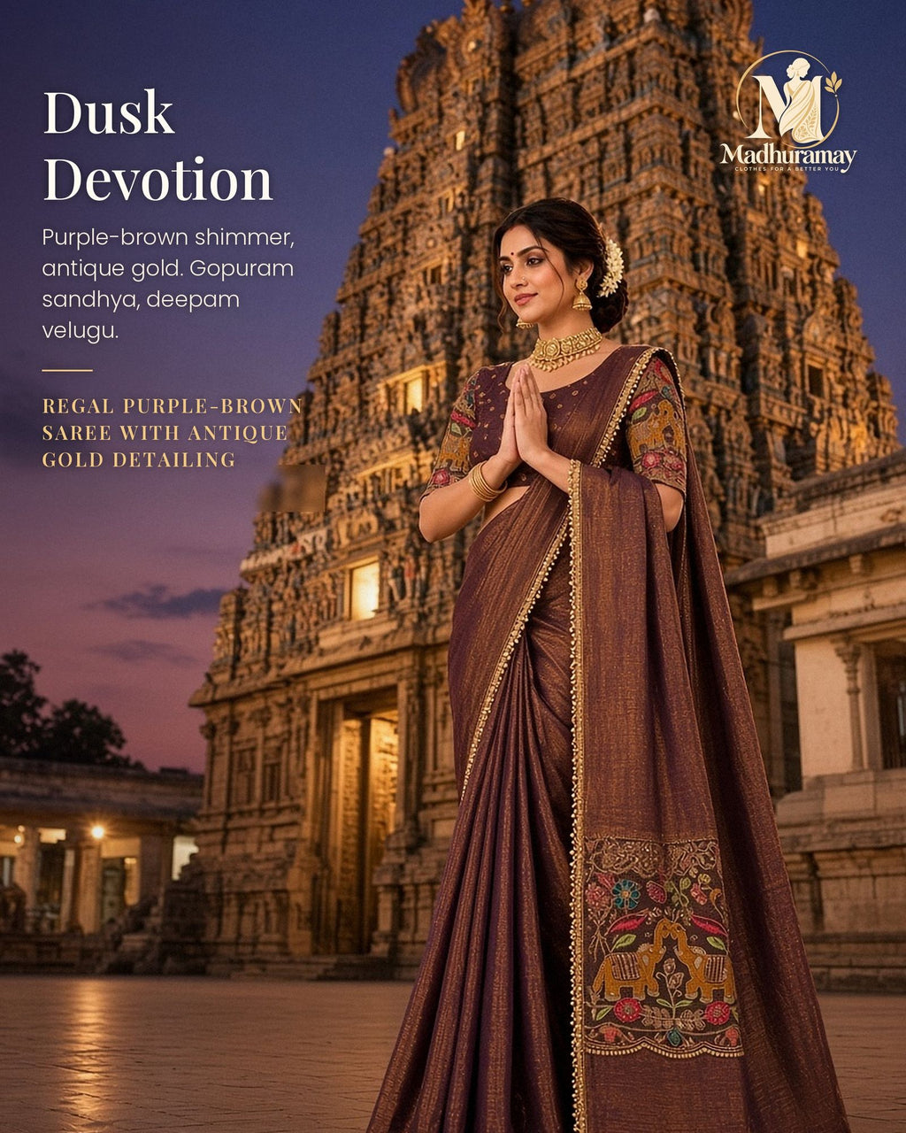 Regal Purple-Brown Antique Gold Party Glam Saree - image 1