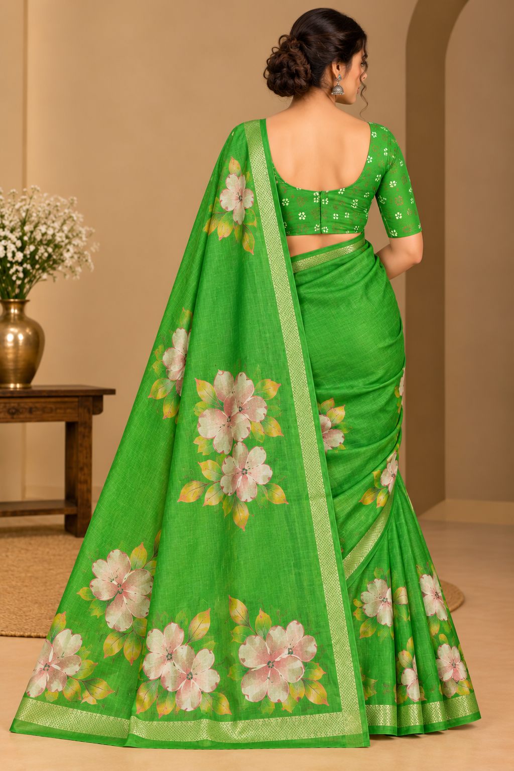Green Festive Bloom Saree with Zari Border - image 7