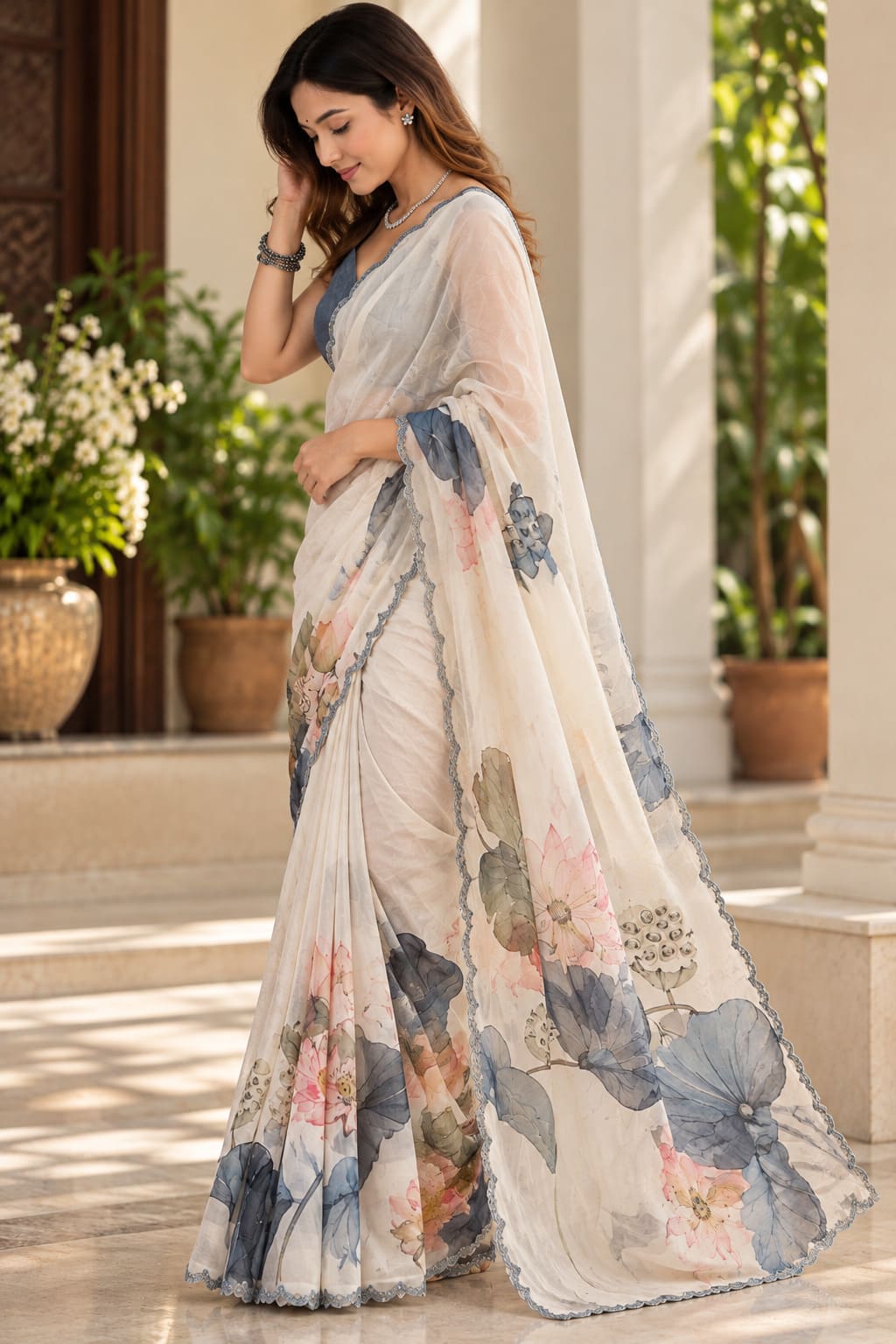 Ivory Floral Festive Saree with Blue Lace & Mirror-Work Border - image 2
