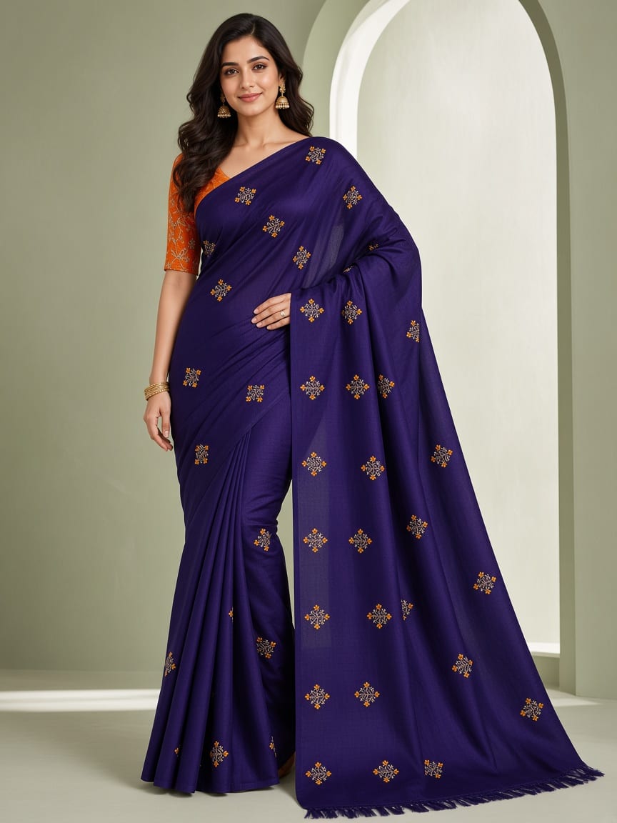 Royal Purple Floral Bouquet Embroidered Festive Saree with Mustard Blouse - image 1