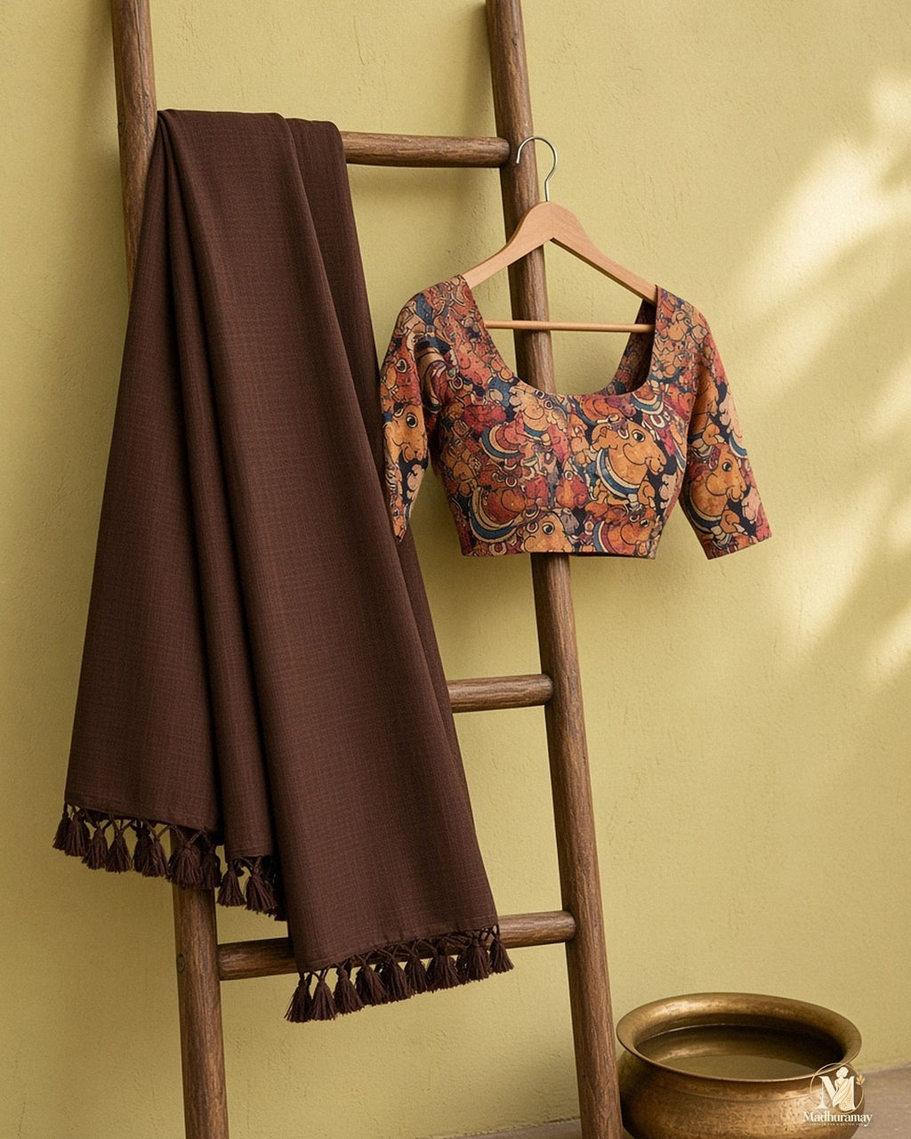 Chocolate Brown Tassel Pallu Festive Saree with Printed Blouse - image 2