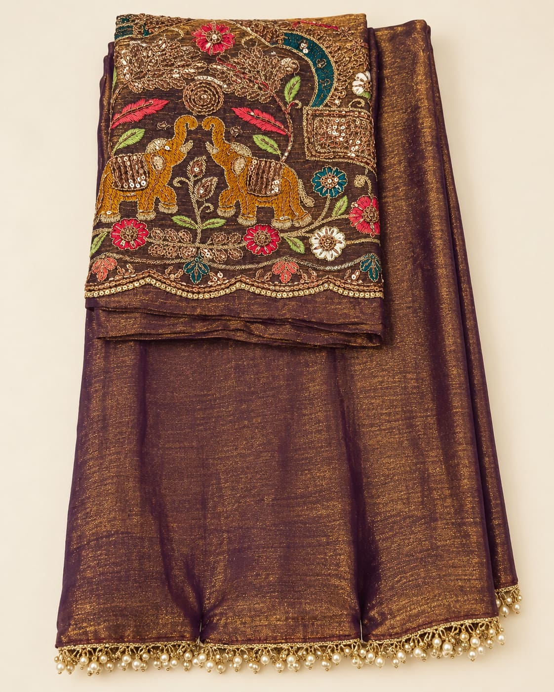 Regal Purple-Brown Antique Gold Party Glam Saree - image 6