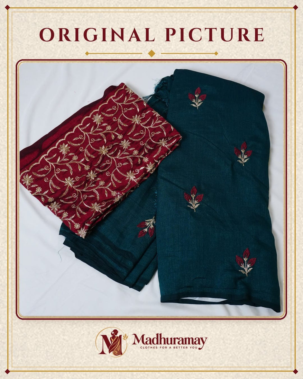 Royal Green Rose Bud Embroidered Festive Saree with Maroon Blouse - image 2