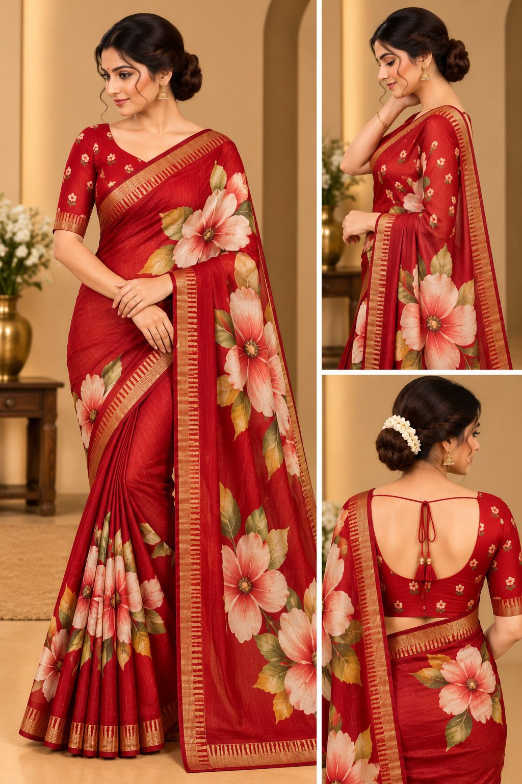 Cherry Red Festive Bloom Saree with Zari Border - image 6