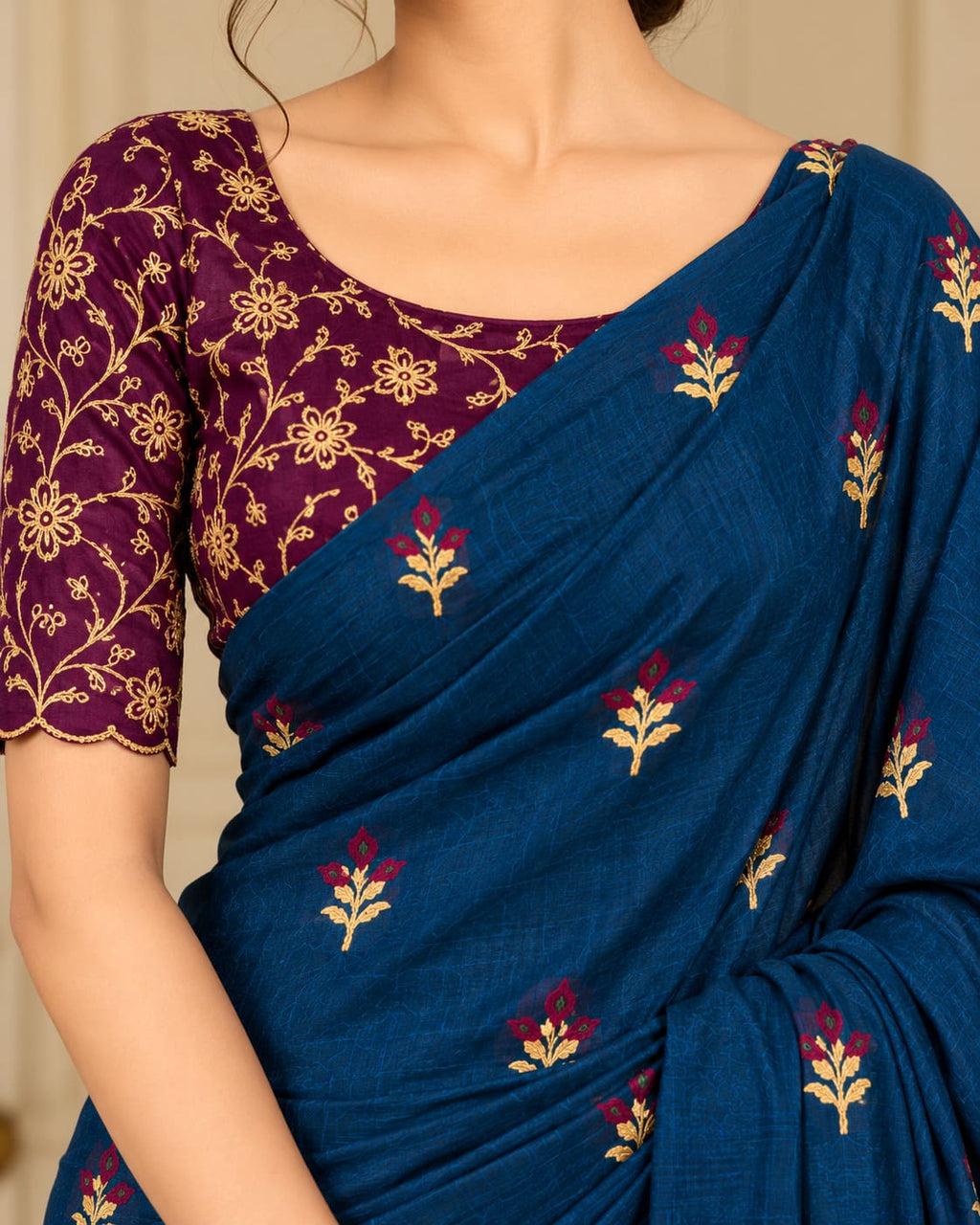 Royal Teal Blue Rose Bud Embroidered Festive Saree with Purple Embroidered Blouse - image 4