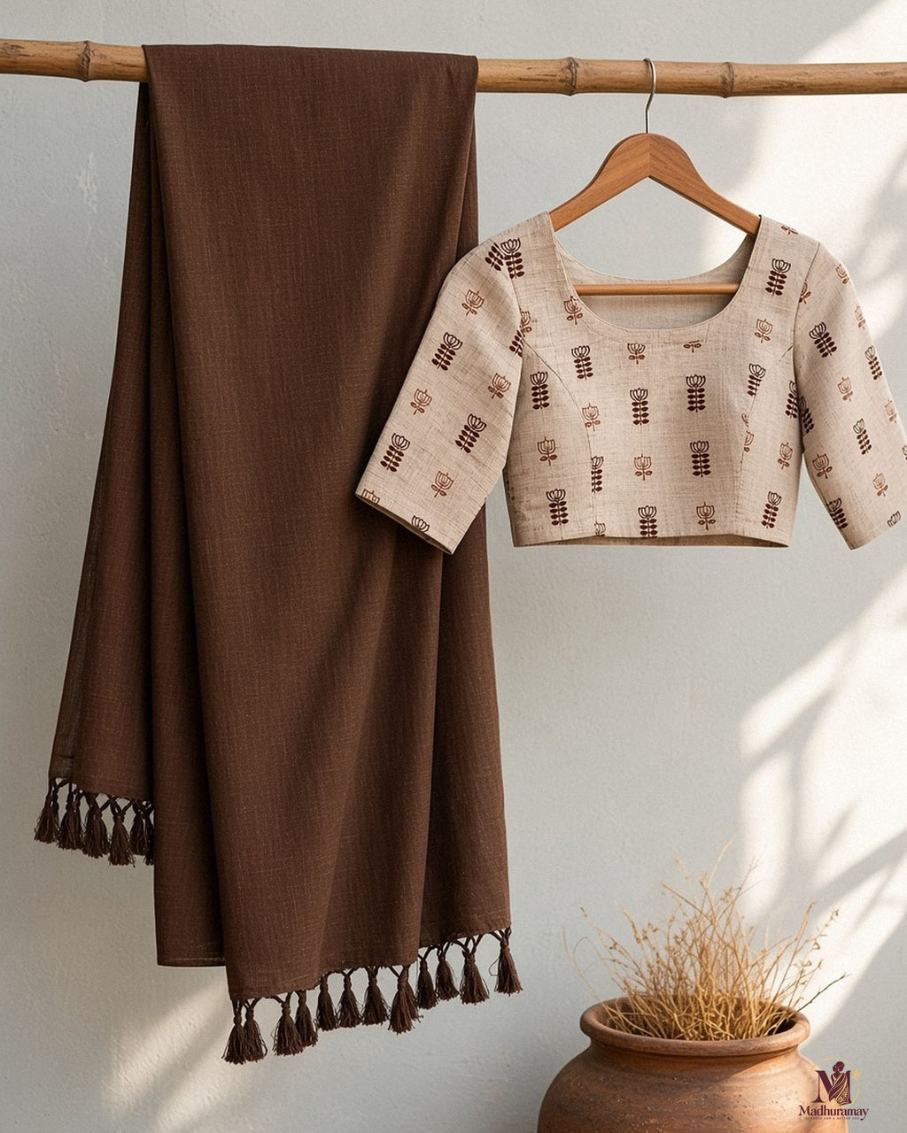 Earthy Brown Tassel Pallu Festive Saree with Beige Printed Blouse - image 2