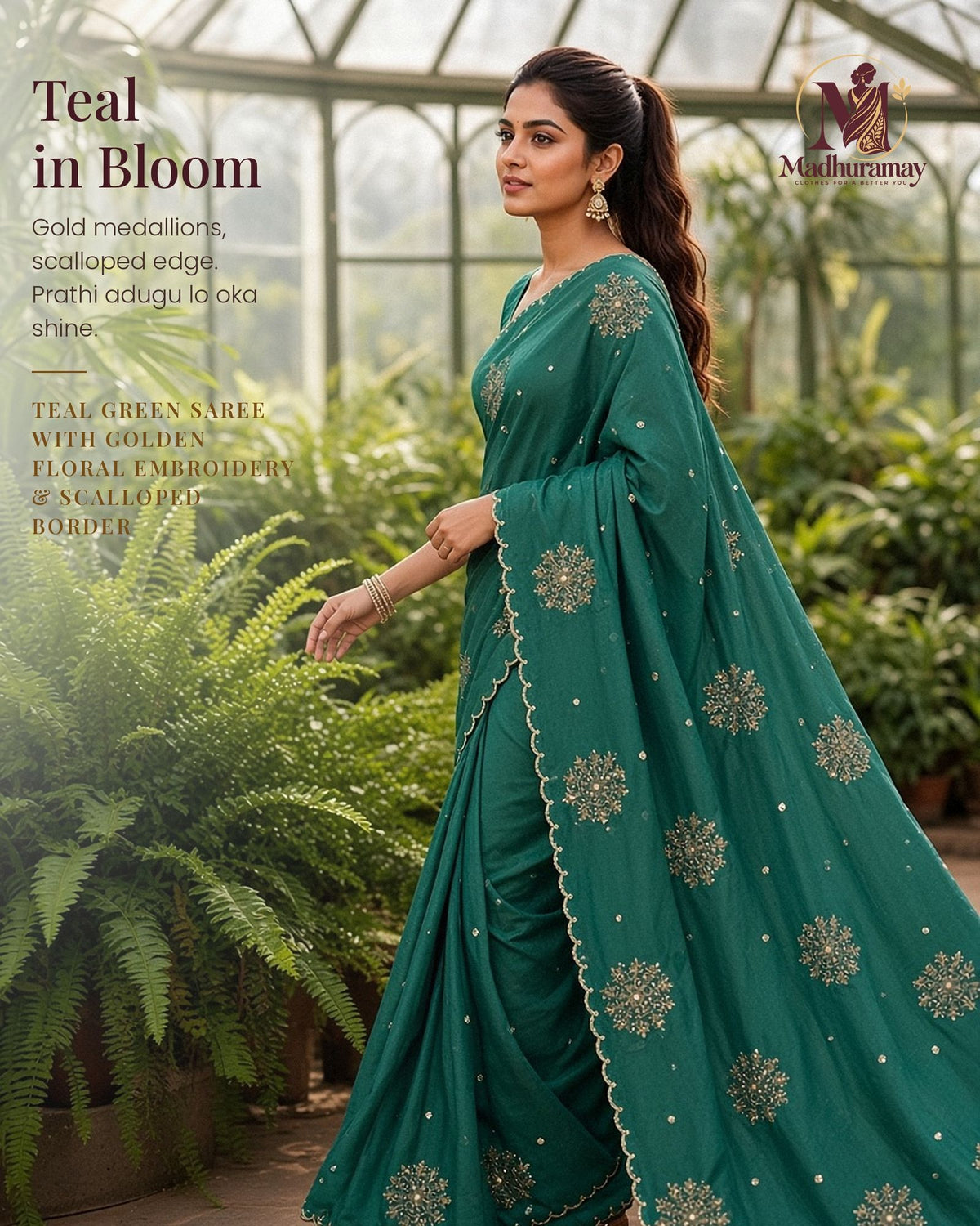Teal Green Golden Blossom Festive Saree with Scalloped Border - image 1
