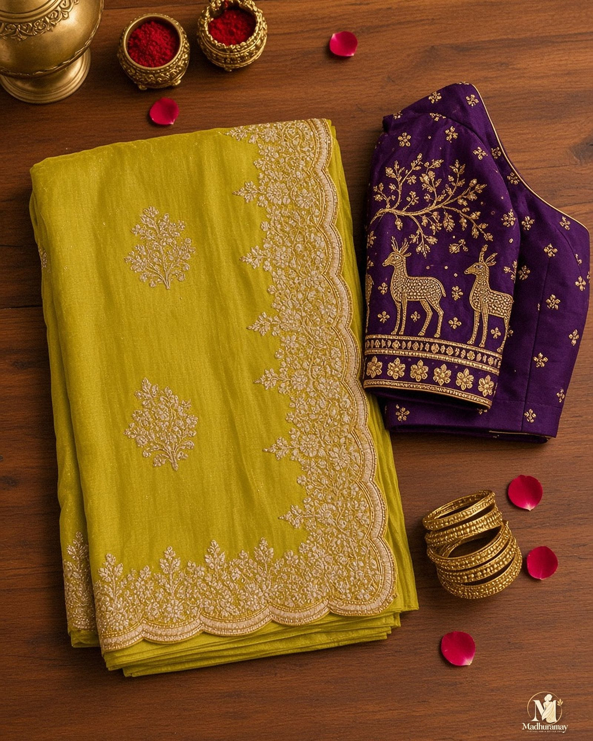 Lime Green Golden Embroidery Party Glam Saree with Purple Blouse - image 3
