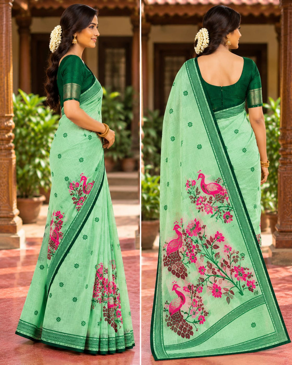 Mint Green Peacock Pallu Festive Saree - image 8